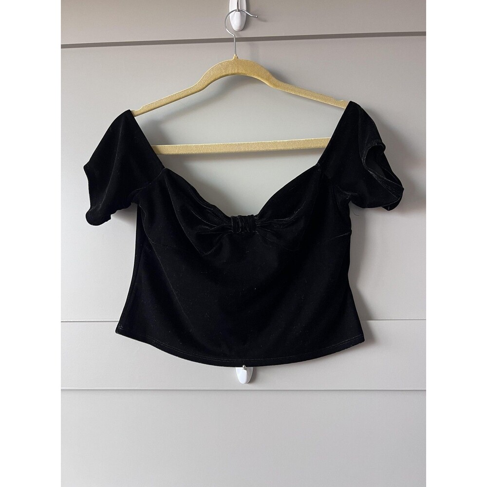Sincerely Jules Shirt Womens XL Black Velvet Off Shoulder Puff Sleeve Crop Top - Picture 1 of 9